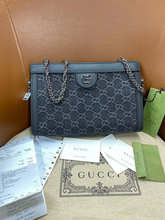 [2024-year-old ticket, brand new 04] GUCCI Ophidia clip, double G logo magnetic snap closure chain, denim, crossbody bag, black and gray, 26 cm long, 8 cm wide, 17.5 cm high ~