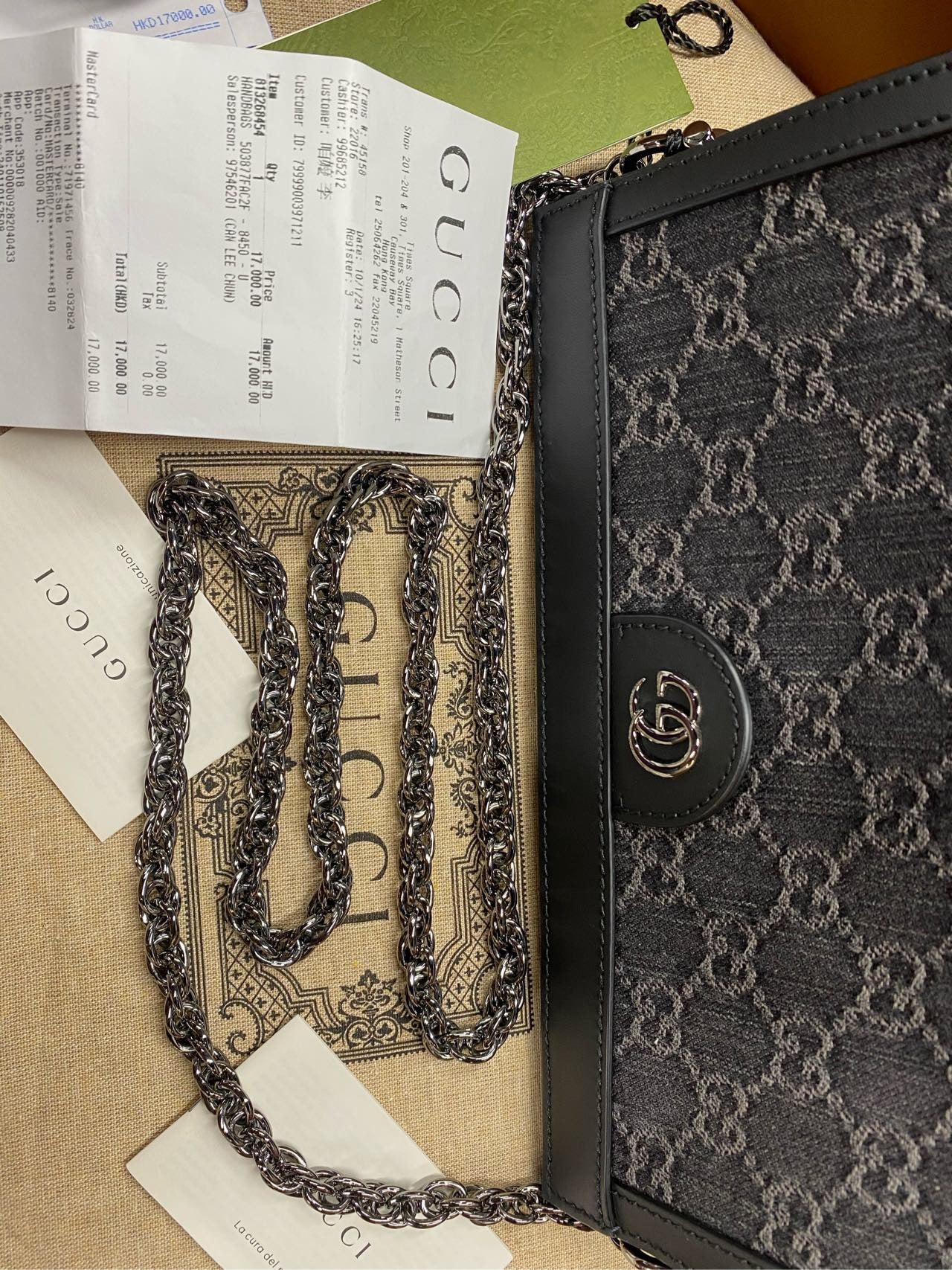 [2024-year-old ticket, brand new 04] GUCCI Ophidia clip, double G logo magnetic snap closure chain, denim, crossbody bag, black and gray, 26 cm long, 8 cm wide, 17.5 cm high ~