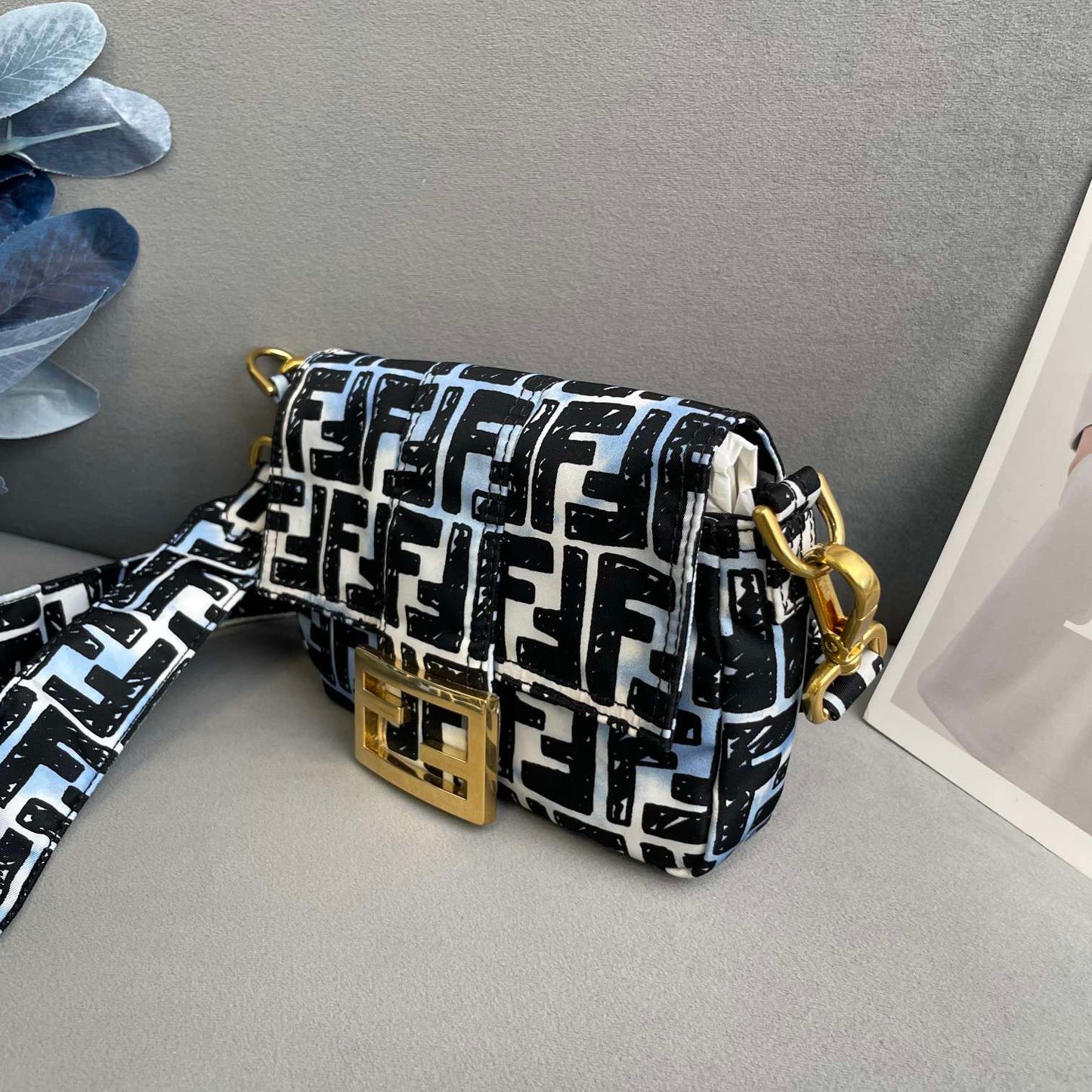 Fendi bag, canvas blue and black floral pattern, gold buckle ~