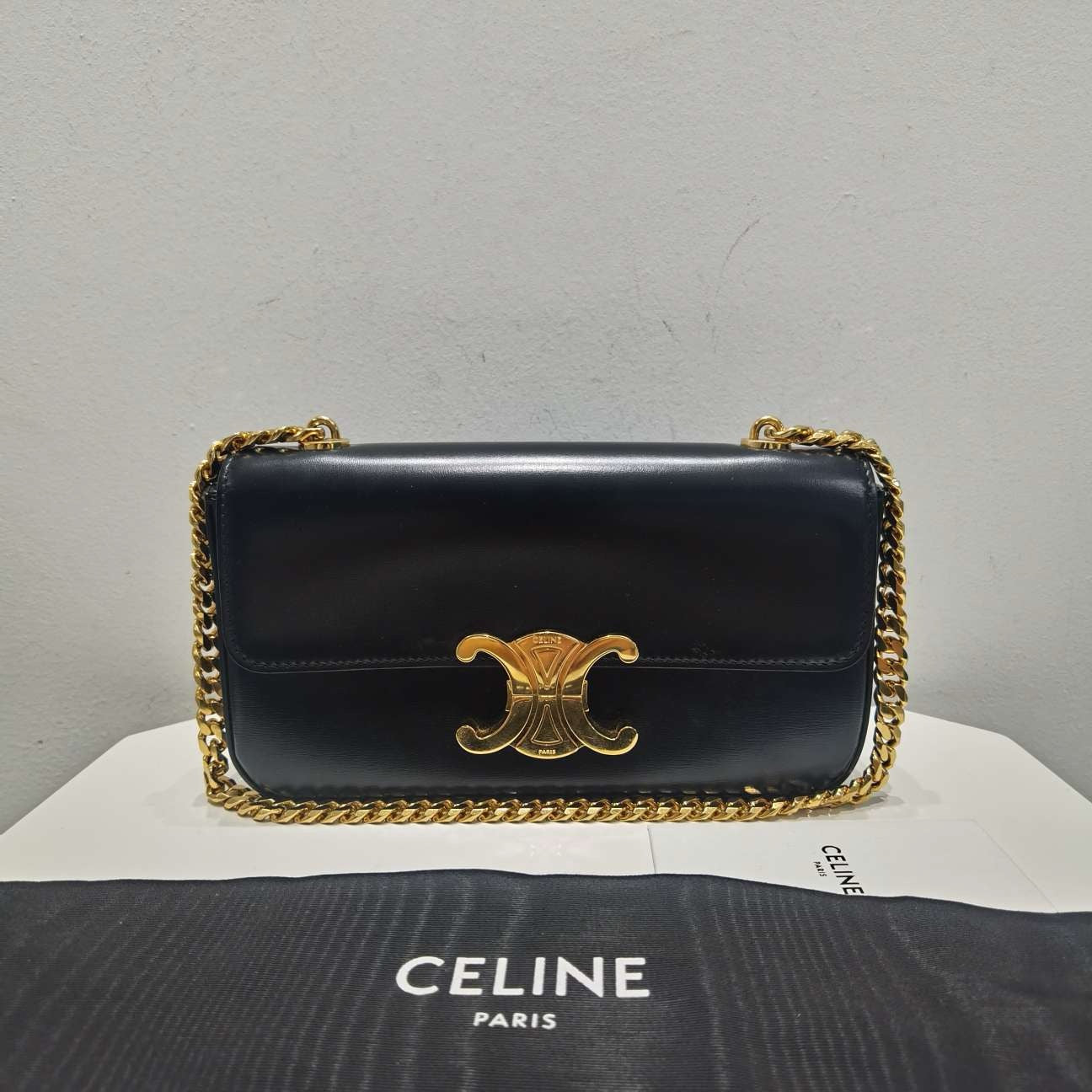 Celine Triomphe Black Gold Chain Shoulder Bag