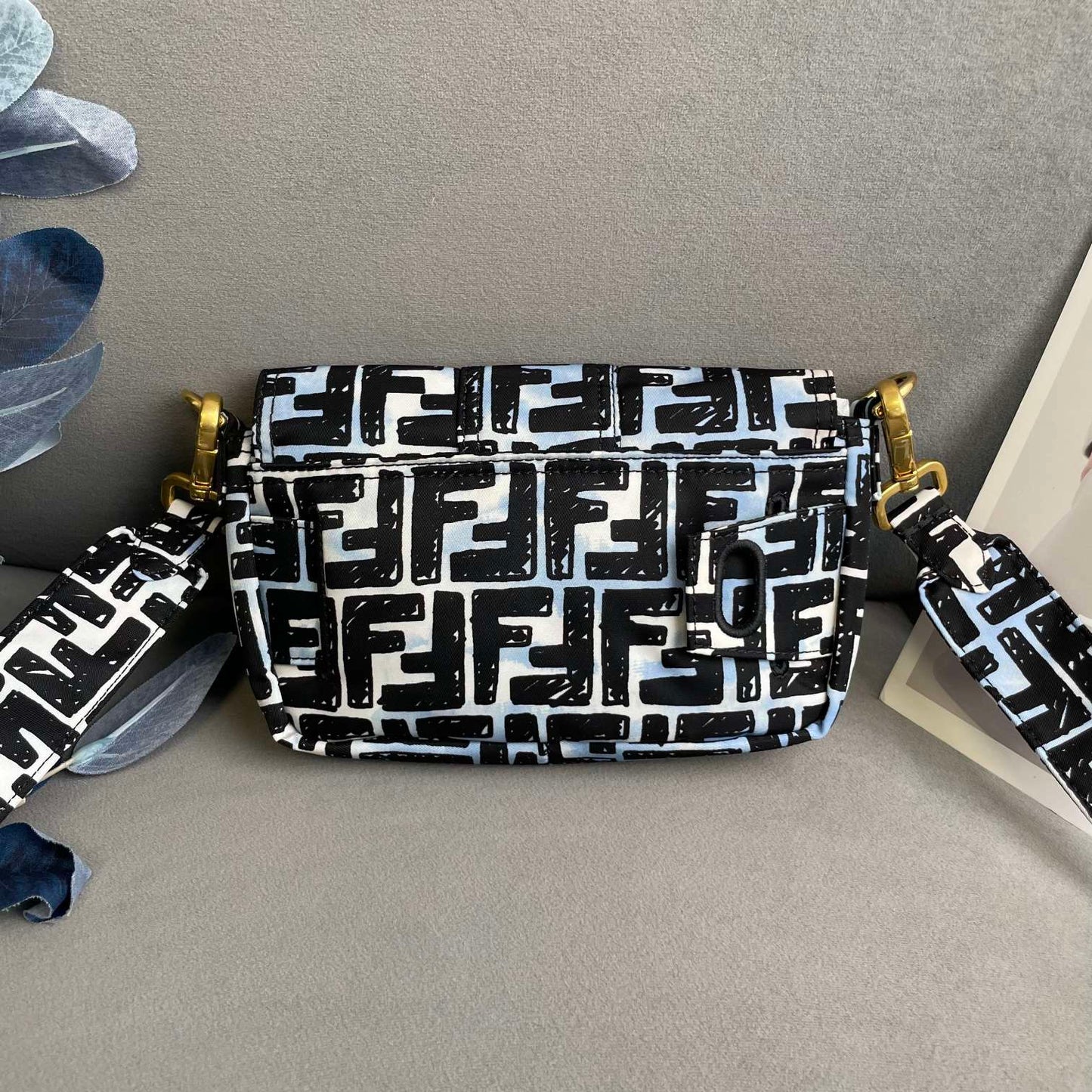 Fendi bag, canvas blue and black floral pattern, gold buckle ~