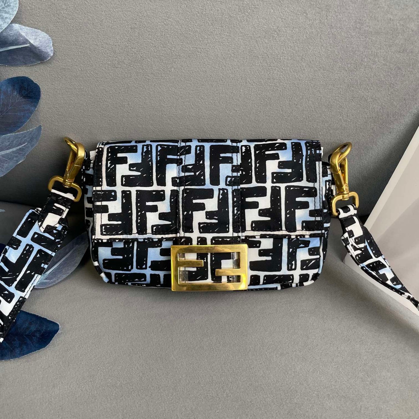 Fendi bag, canvas blue and black floral pattern, gold buckle ~