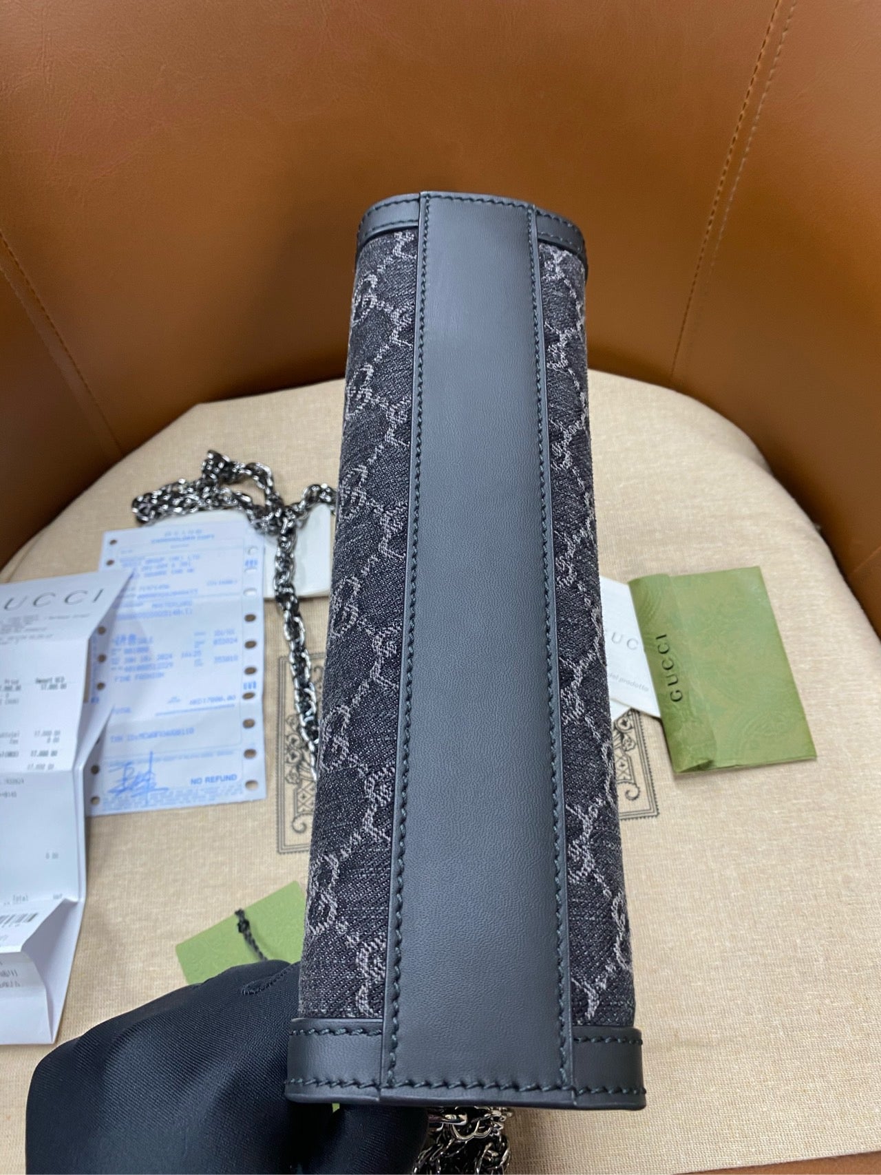 [2024-year-old ticket, brand new 04] GUCCI Ophidia clip, double G logo magnetic snap closure chain, denim, crossbody bag, black and gray, 26 cm long, 8 cm wide, 17.5 cm high ~