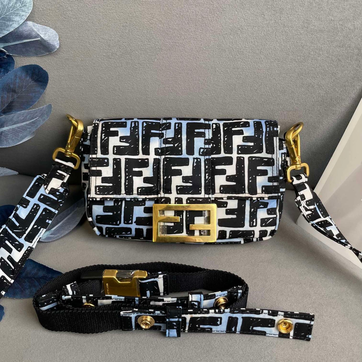 Fendi bag, canvas blue and black floral pattern, gold buckle ~