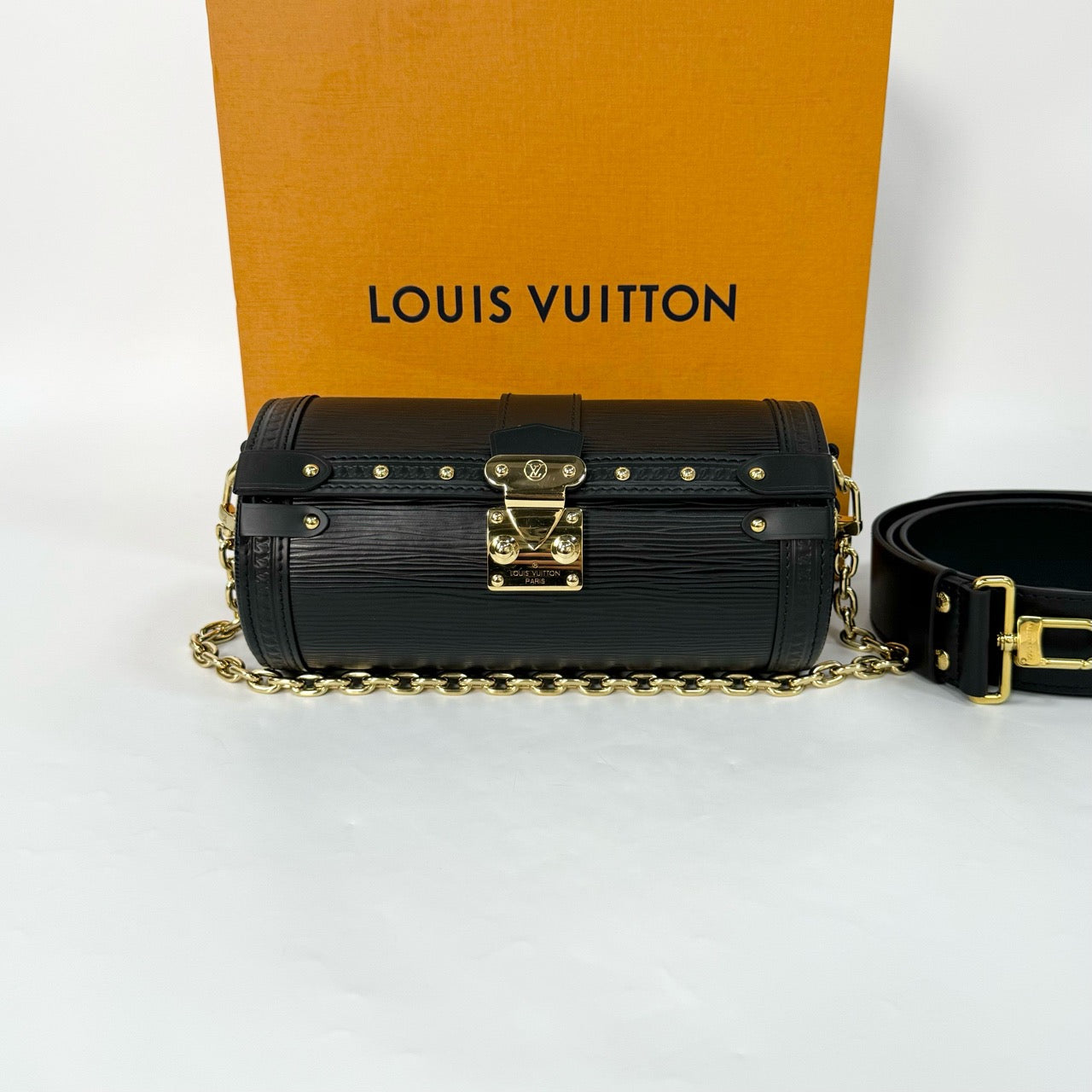 Lv chip black corrugated papillon barbituron cylinder bag