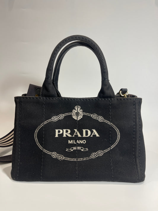 Prada Denim Black Tote Bag Shoulder Bag with Black and White Shoulder Strap