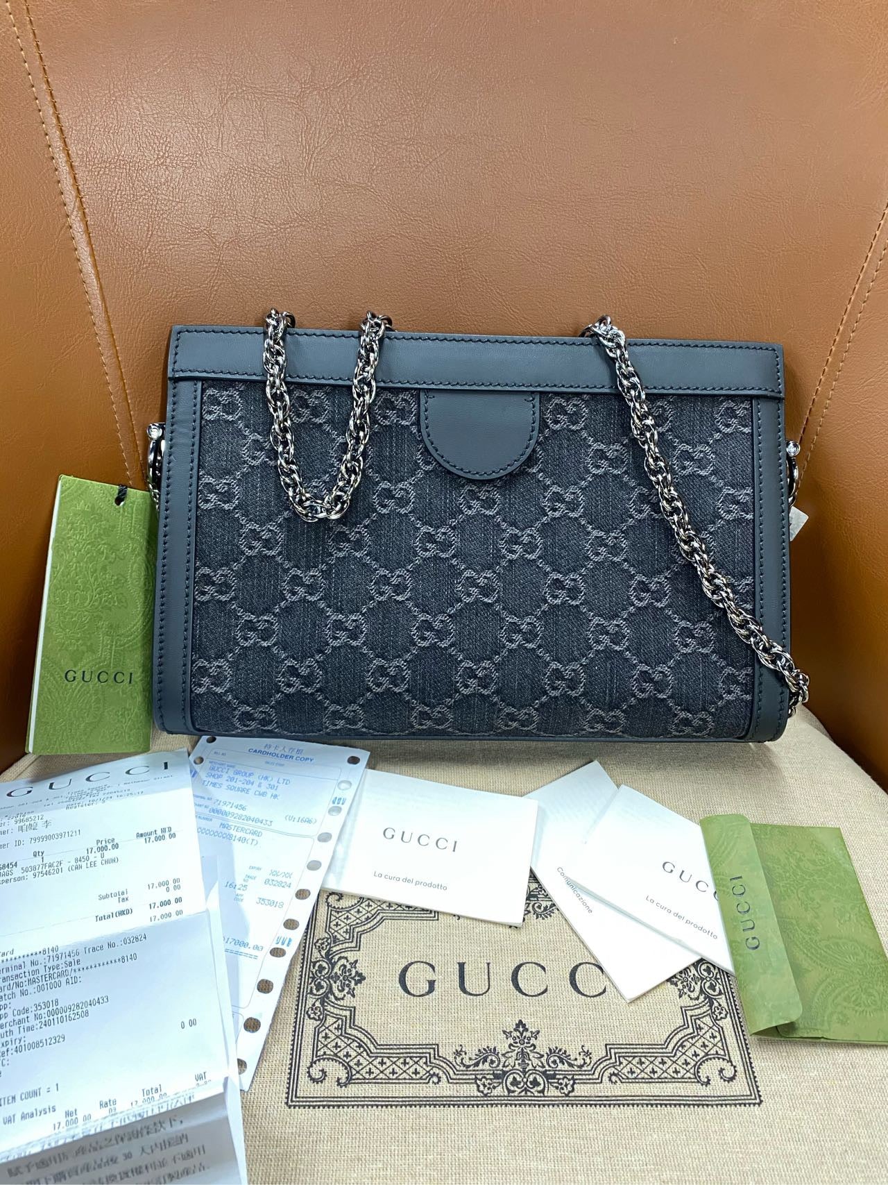 [2024-year-old ticket, brand new 04] GUCCI Ophidia clip, double G logo magnetic snap closure chain, denim, crossbody bag, black and gray, 26 cm long, 8 cm wide, 17.5 cm high ~