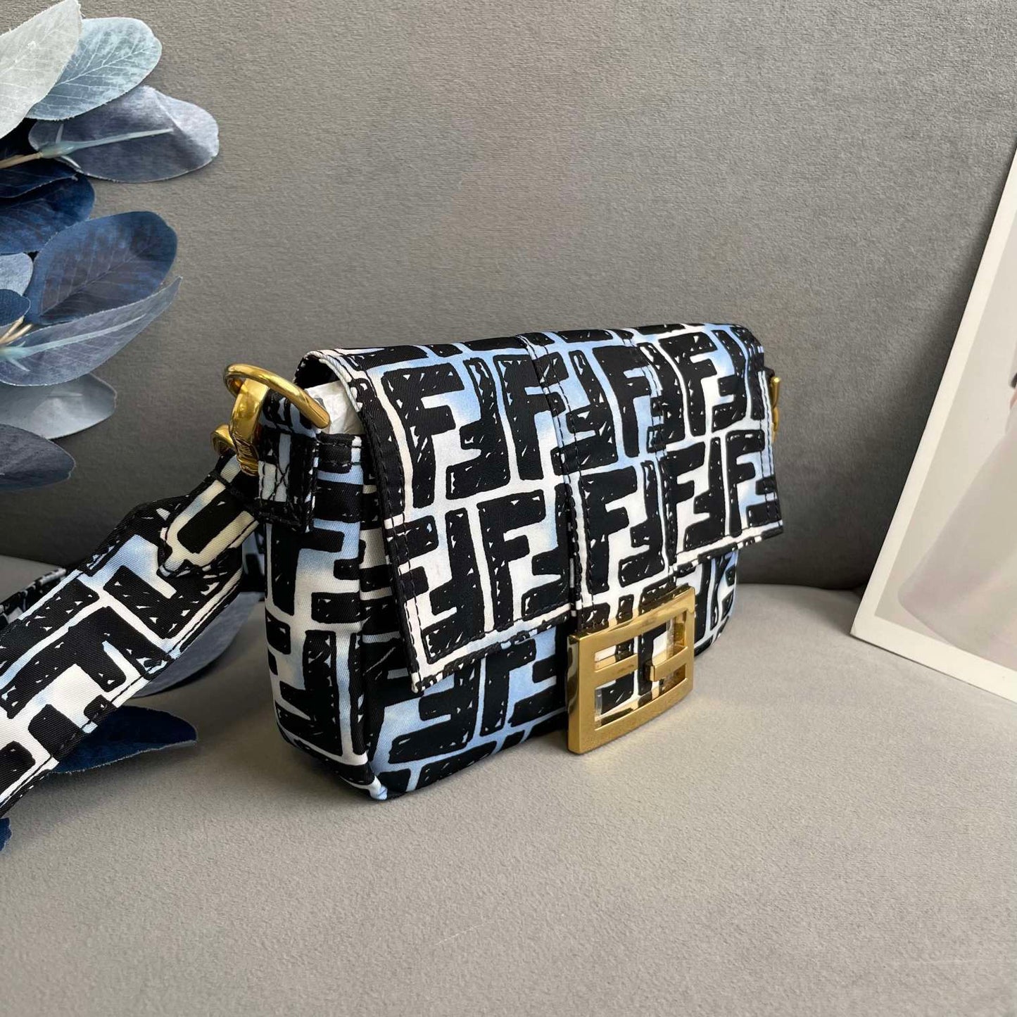 Fendi bag, canvas blue and black floral pattern, gold buckle ~