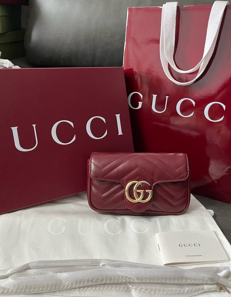 GUCCI GG Marmont series double G logo chain-stitched shoulder bag mini wine red angora red women's ~